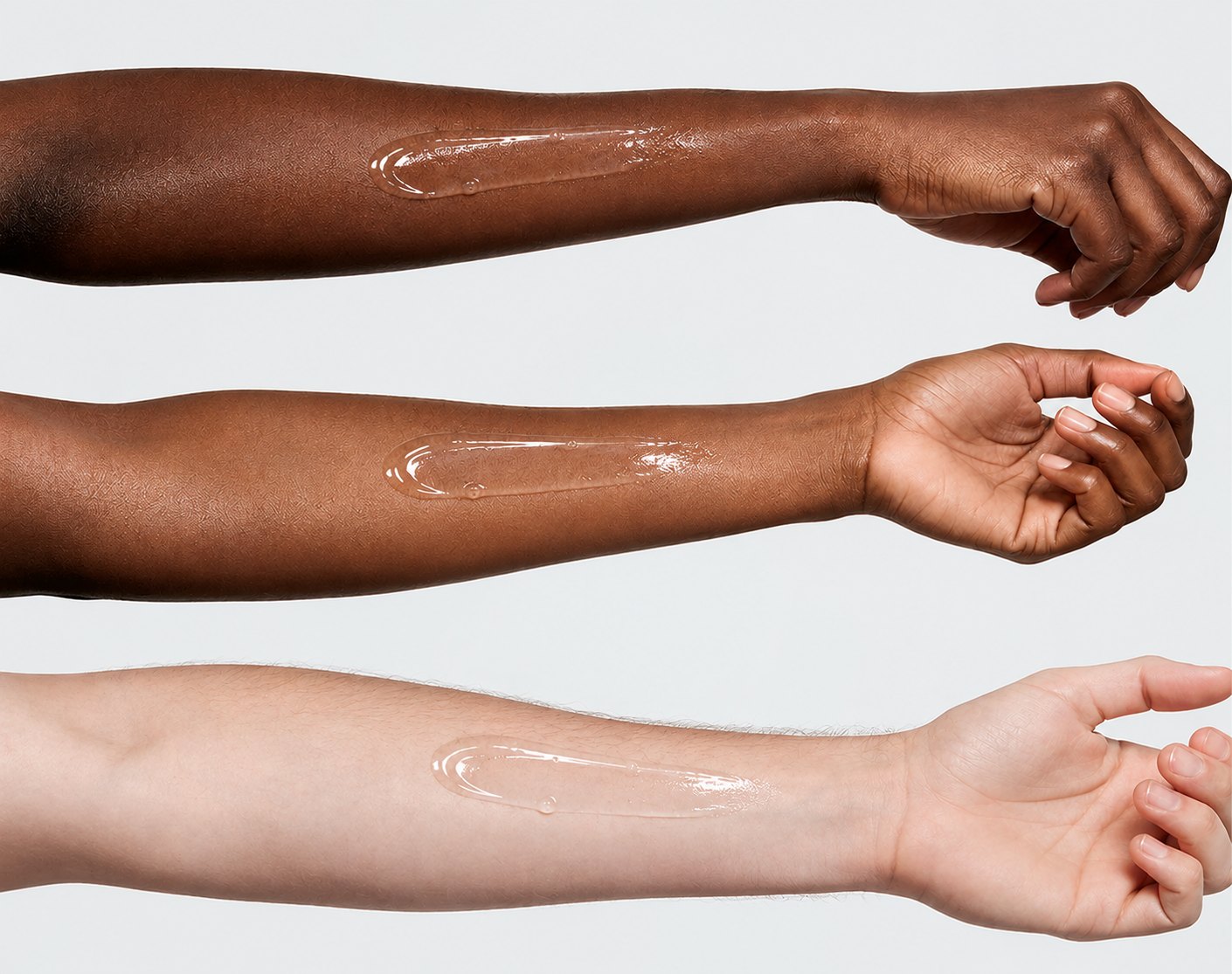 Gel texture swatch on three skin tones
